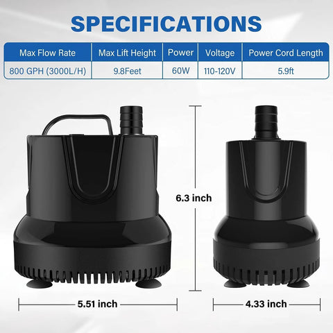 Simple Deluxe bottom-suction submersible pump, black; front and side views showing 6.3-inch height and 5.51-inch base.