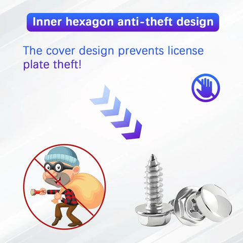 Tough As Nails Anti Theft License Plate Screw Kit With Premium Stainless Steel Rust Proof Security Bolt Fasteners Universal Car Auto Tag Mounting Hardware For Any Ride Silver Set with hexagon design to prevent theft.