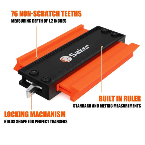 5 Inch Locking Contour Gauge Profile Tool For Copying Irregular Shapes with locking mechanism and built-in ruler, orange