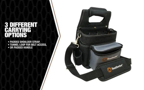 Electrician Shoulder Pouch with 16 Pocket Design, Durable 2400D Ballistic Weave Tool Carrier showing shoulder strap and zippered access