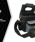 Electrician Shoulder Pouch with 16 Pocket Design, Durable 2400D Ballistic Weave Tool Carrier with carrying options displayed