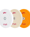 Top Shelf 3 Pack Of 8 Inch Polishing Wheels For Bench Grinders featuring heavy duty 50 ply cotton pads in coarse, medium, fine grit.