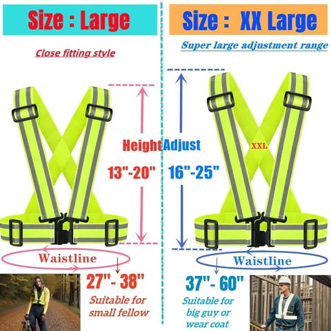 XXL Yellow High Visibility Reflective Safety Vest With Two Silver Strips, Adjustable Elastic Fit comparison chart for sizes large and XX large