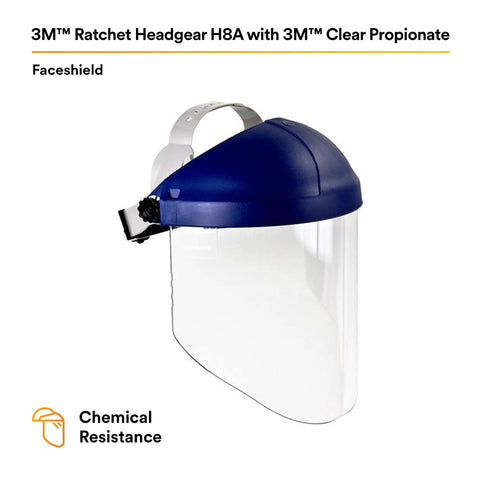 H8A Ratchet Headgear System With W96 Clear Propionate Faceshield for liquid splash and molten metal protection, side view.