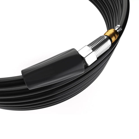 Close-up of long 5000mm hydraulic brake hose for SRAM and Shimano disc brakes, BH90 compatibility with Deore, SLX, XT, XTR, and Avid systems.