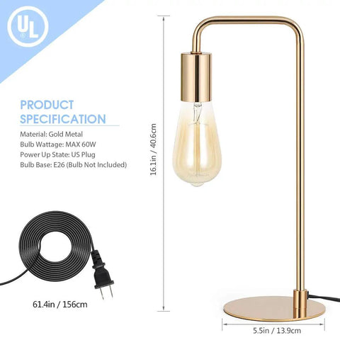 Industrial Edison Table Lamp Set of 2 in Gold Metal Finish with 5.1 ft power cord, compact design for desk or bedside use.