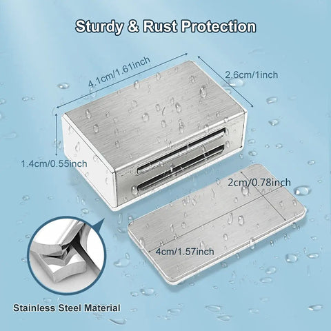 No Drill Adhesive Magnetic Door Catch Set 17lb Holding Force For Kitchen Cabinets Cupboards And Drawers Self Stick Stainless Steel Latch 4 Pack Silver Damage Free Mounting detailed view with measurements