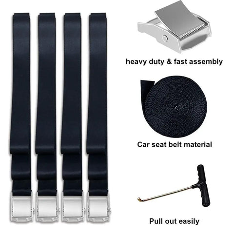 Heavy Duty Trampoline Stakes Anchor Kit with corkscrew stakes, T hook, and bonus black belt straps for outdoor stability and safety.