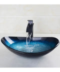 USZWBY Bathroom Sink Tempered Glass Bathroom Vessel Sink with black faucet and blue water, modern design.