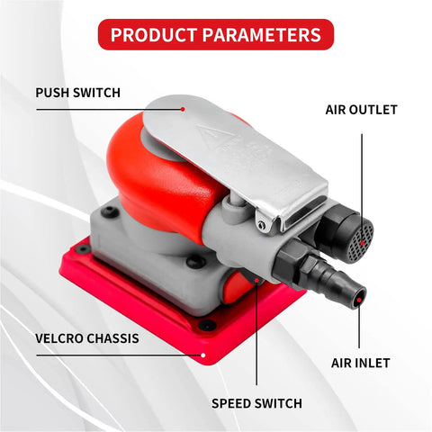 Diagram of Pneumatic Palm Sander Kit With Random Orbital Action For Auto Body, showing push switch, air inlet and outlet, velcro chassis.