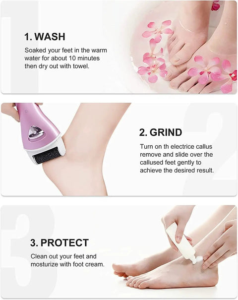 Instructional image showing steps to use Cordless Rechargeable Electric Foot File And Callus Remover For Stubborn Dead Skin Care.