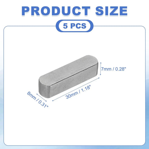 Round Ended Feather Key Set 30x8x7 Mm Carbon Steel 5 Pcs for Parallel Drive Shafts and Fasteners in Mechanical Industry Carbon Black Wear Resistant Shaft Key Stock for Heavy Duty Machinery Maintenance, front view showing size measurements