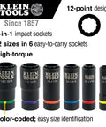 Variety of Klein Tools impact sockets in different sizes with color-coded bands for easy identification, 12-point design.