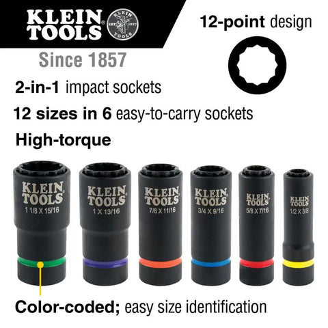 Variety of Klein Tools impact sockets in different sizes with color-coded bands for easy identification, 12-point design.