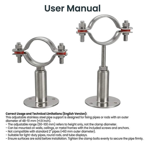 QWORK stainless steel 2 in OD pipe clamp for wall/ceiling mounting; two clamps shown.