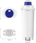 Molifal De'Longhi water filter cartridge, white plastic with blue cap; three-piece set with mesh filter.