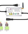 Outdoor Dimmer For String Lights 1500W With IP67 Waterproof, 150ft Range, Timer Control, 3 Prong Outlet, Wireless RF Remote Plug In Dimmer Switch For Outdoor LED String Lights And Incandescent Bulbs with dual remote controls and cable connections.
