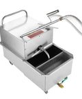 Commercial Mobile Oil Filter Machine With Pump And Hose For Efficient Frying Oil Filtration In Restaurants And Supermarkets. Silver steel design.