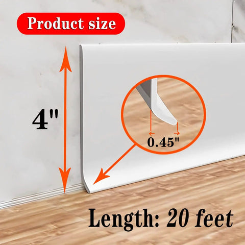 4 Inch Peel And Stick Vinyl Baseboard Trim 20 Ft Roll Flexible Waterproof Rubber Molding Easy Install No Mess Perfect For Bathroom Kitchen Bedroom Office White, showing dimensions 4 inches height, 0.45 inch thickness, 20 ft length.