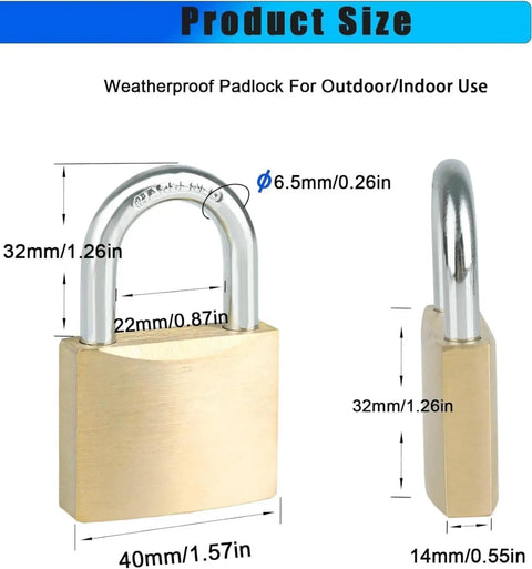 Weatherproof padlock dimensions for outdoor/indoor use with sizes in millimeters and inches displayed.