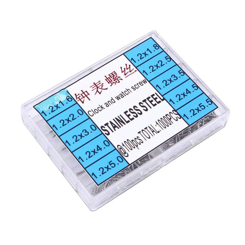 Top Shelf Stainless Steel Watch Repair Tool Kit Features One Thousand Micro Eyeglass And Clock Back Screws For Quick Spectacle Adjustments No Sweat At All in a plastic case with size labels.