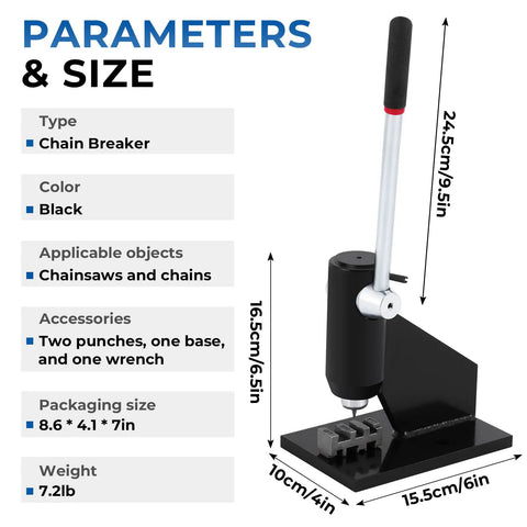Chainsaw Chain Breaker Kit With Two Punches And Base Rivet And Link Remover Tool dimensions and parameters in black.