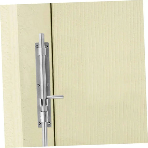 Top Tier Heavy Duty 10 Pack Stainless Steel Slide Bolt Latches For Securing French Doors Barn Sheds And Gates With No Sweat Install And Rock Solid Security Hold installed on a wooden door.