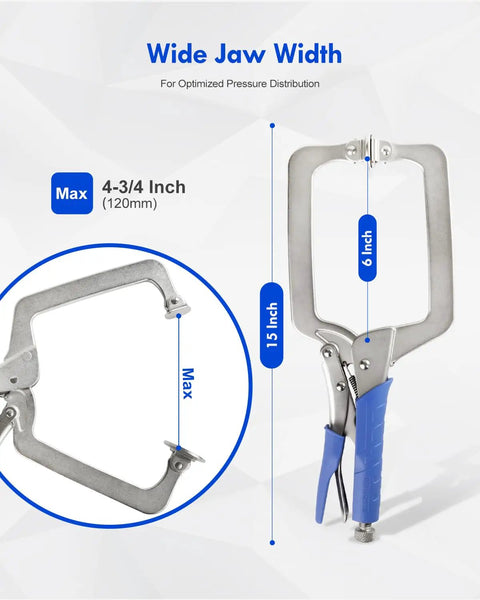 Beefy Heavy Duty C Clamp Set 15 Inch Face Clamp with Swivel Pads and Locking Vise Grip Pliers for wood and metal