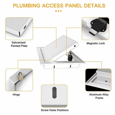Rock Solid Aluminum Push To Open Access Panel For Drywall, Zero Sweat Magnetic Catch Flush Mount Ceiling Door For Plumbing And Electric, Easy Setup, Snap On Style, Matte Black Frame, 15X18 Inches showing galvanized painted plate and magnetic lock.