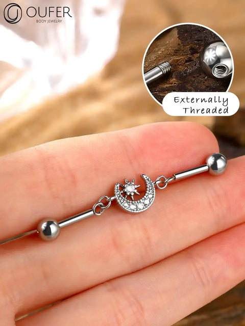 Dope Industrial Piercing Jewelry 316L Surgical Steel Barbell With Clear CZ Moon Dangle, 38mm Long, 14G, 1.6mm Thick