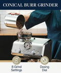 Killer Home Barista Setup Featuring Precision Conical Burr Grinder And Auto Milk Frother, loading beans into conical burr grinder.