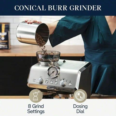 Killer Home Barista Setup Featuring Precision Conical Burr Grinder And Auto Milk Frother, loading beans into conical burr grinder.