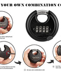Instruction diagram for setting up 70mm Weatherproof Disc Padlock With 4 Digit Resettable Combination Built Tough Outdoor Padlock