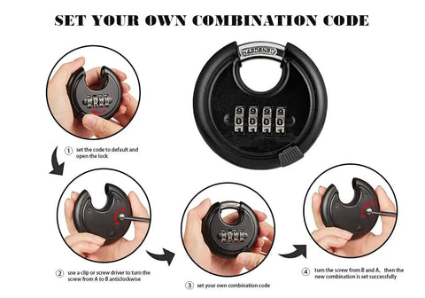 Instruction diagram for setting up 70mm Weatherproof Disc Padlock With 4 Digit Resettable Combination Built Tough Outdoor Padlock