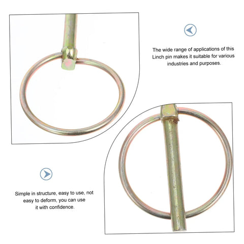 Heavy Duty Lynch Pin Kit 8 Pack For Farm Tractors Mowers And Trucks Tough As Nails Durable Safety Pins With Rings For Secure Hitching And Easy Towing Ideal For All Weather Farm Equipment Attachments And Reliable Quick Hitching Solutions. Close-up of iron lynch pin ring.