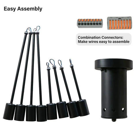 Assembly components for Eight Light Black Sputnik Ceiling Fixture For Kitchen And Dining Rooms, connectors and rods shown