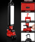 Milwaukee 18V Compatible LED Work Light 30W 2400LM with USB port, hooks, clip; cordless setup shown on black background