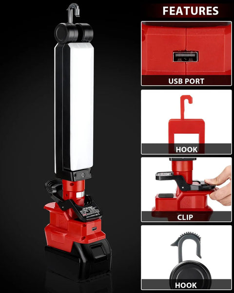 Milwaukee 18V Compatible LED Work Light 30W 2400LM with USB port, hooks, clip; cordless setup shown on black background