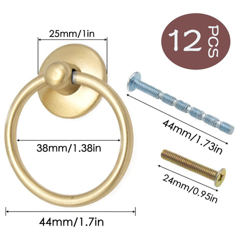 Matte Gold Round Ring Cabinet Drawer Pulls Set Of 12 Zinc Alloy Single Hole Knobs for Cupboard and Drawer Hardware with screws shown