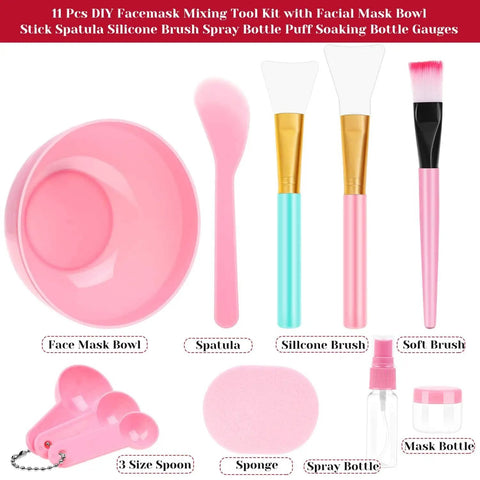 All In One 11 Piece DIY Facial Mask Tool Kit For At Home Spa With No Fuss Mixing Bowl Spatula Silicone Brushes Pink