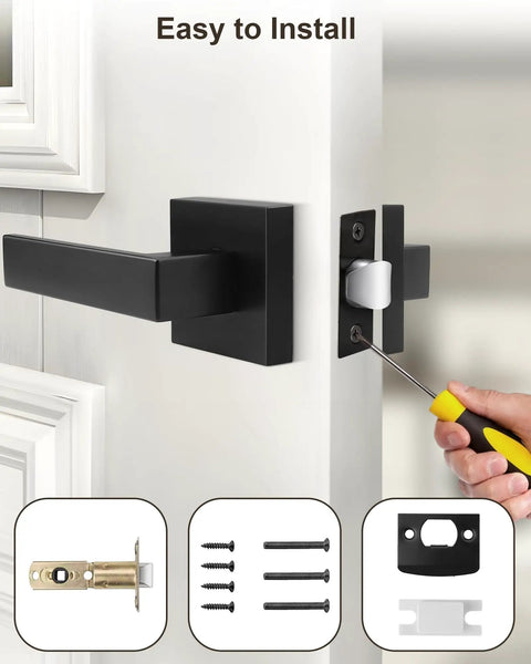 Straight Up Smooth Matte Black Passage Door Handles Two Pack Interior Closet Lever Hardware with installation guide and screws.