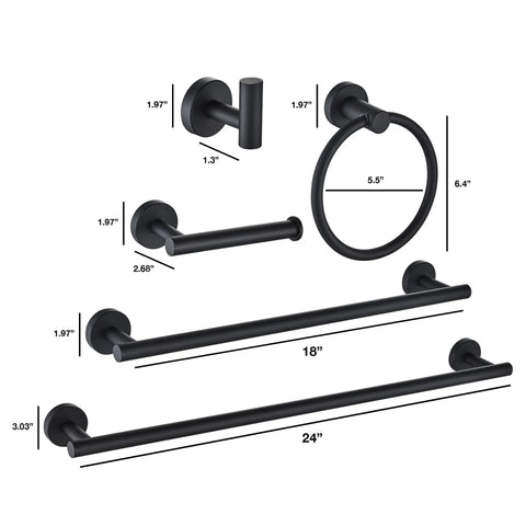 5 Piece Black Bathroom Hardware Set With Wall Mounted Towel Bar 24 Inch, Hand Towel Holder, Open Arm Toilet Paper Holder, Towel Ring And Towel Hook, SUS304 Stainless Steel Matte Black Finish with measurements.