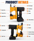 Handheld Portable Bag Sewing Machine For Farms And Logistics Sites With 2 Thread Spools, Battery Powered Woven Sac Sealer detailed features labeled.