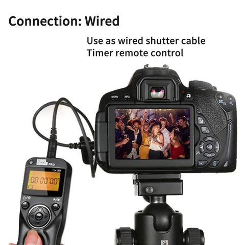 Wireless Remote Shutter Release for Nikon Cameras connected in wired mode to control the camera settings display.