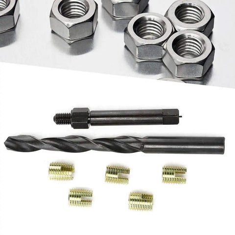12 Piece M8 X 1.25 Thread Repair Kit With Self Tapping Inserts For Automobiles Rail Cars Home Appliances And Machinery DIY Friendly Durable Easy To Use For Fixing Stripped Threads In Metal Plastic showing drill bit and inserts