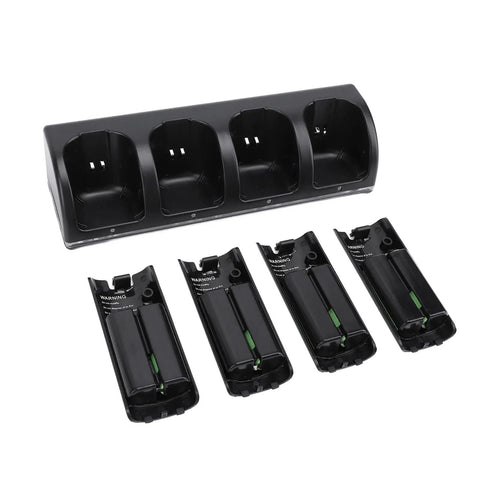 Four In One Remote Controller Charging Station With Four 2800mAh Rechargeable Batteries USB Cable For Gaming Remotes Controllers Not Included Black, showing dock and batteries.