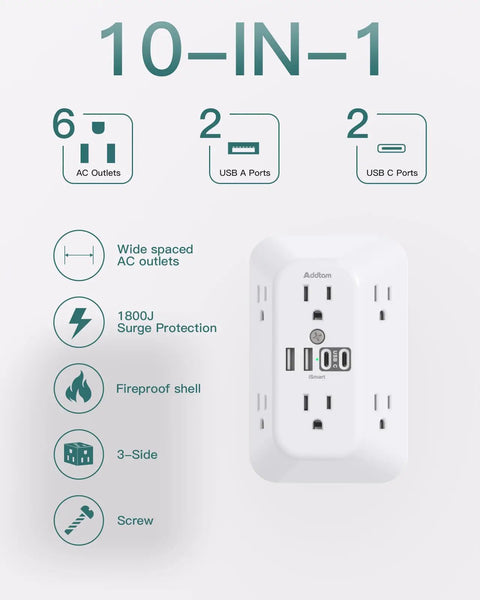 Badass Surge Protector Outlet Extender With Six Ac Outlets And Four Usb Ports Plus Two Type C Fast Charging Killer Wall Adapter Features wide spaced AC outlets and 1800J surge protection.