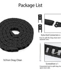 Package of R18 7mm X 7mm Inner Size Black Plastic Cable Drag Chain Bridge Type, includes extra end connectors and screwdriver for CNC Machines.