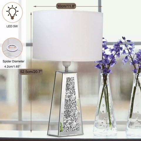 Led Mirrored Table Lamp With Heart Shaped Crystal Diamond Silver Base And Beige Linen Rectangular Shade 24.4 Inch Height
