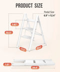Three Step Folding Ladder For Home Use dimensions showing open and folded size, Lightweight Aluminum Step Stool With Anti Slip Pedals, Easy Folding Mechanism, Portable 300Lb Capacity, Ideal For Kitchen, Closet And Home Projects, White